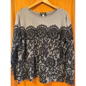 Bob Mackie‎ sweater wearable art XL gray black lace print cotton blend long